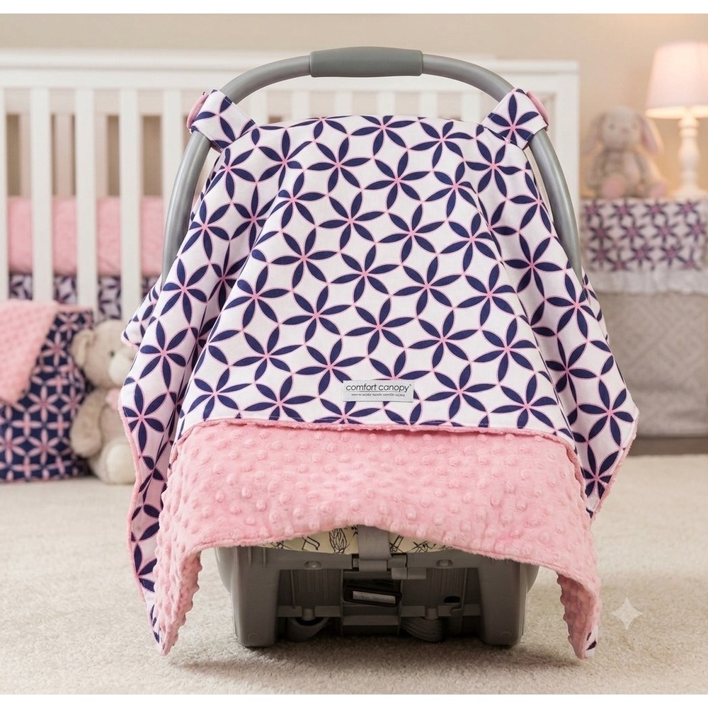 Canopy Couture Infant Car Seat Canopy Cover Pink Blue Geometric Pinwheel Print